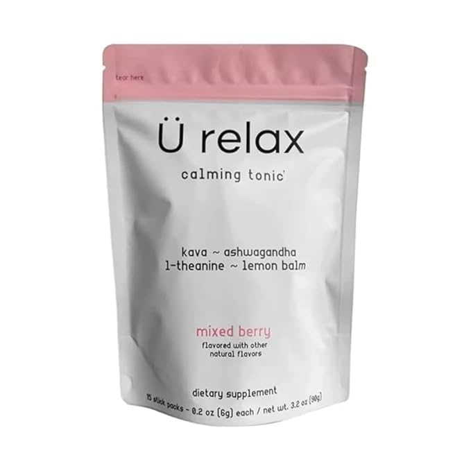 Box of stress relief drink mix packets in mixed berry flavor for calm and mood support