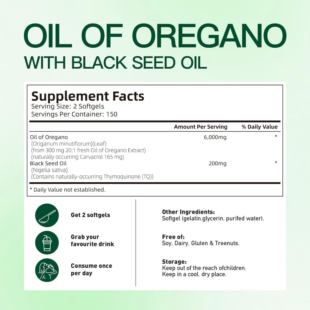 Oregano Oil Capsules with Black Seed Oil, Immune Support, 300ct