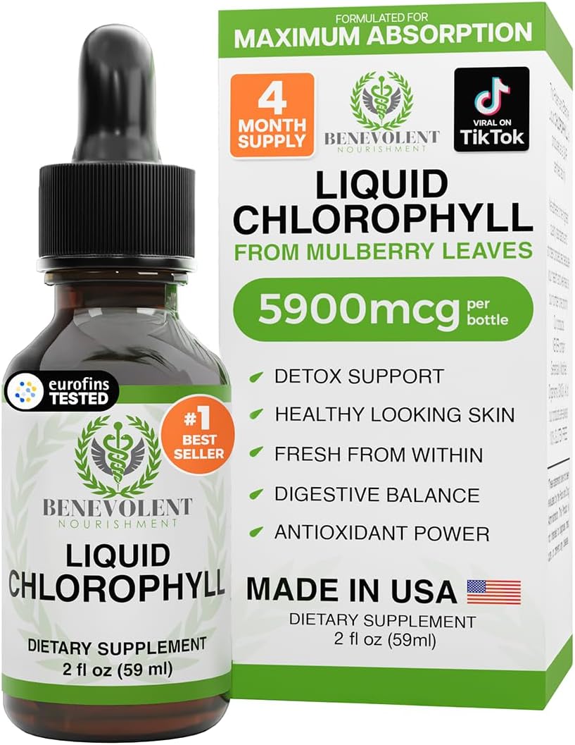 Bottle of liquid chlorophyll drops with peppermint for skin and freshness support