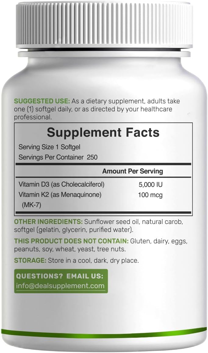 Vitamin D3 5000 IU with K2, Bone & Immune Support Softgels
