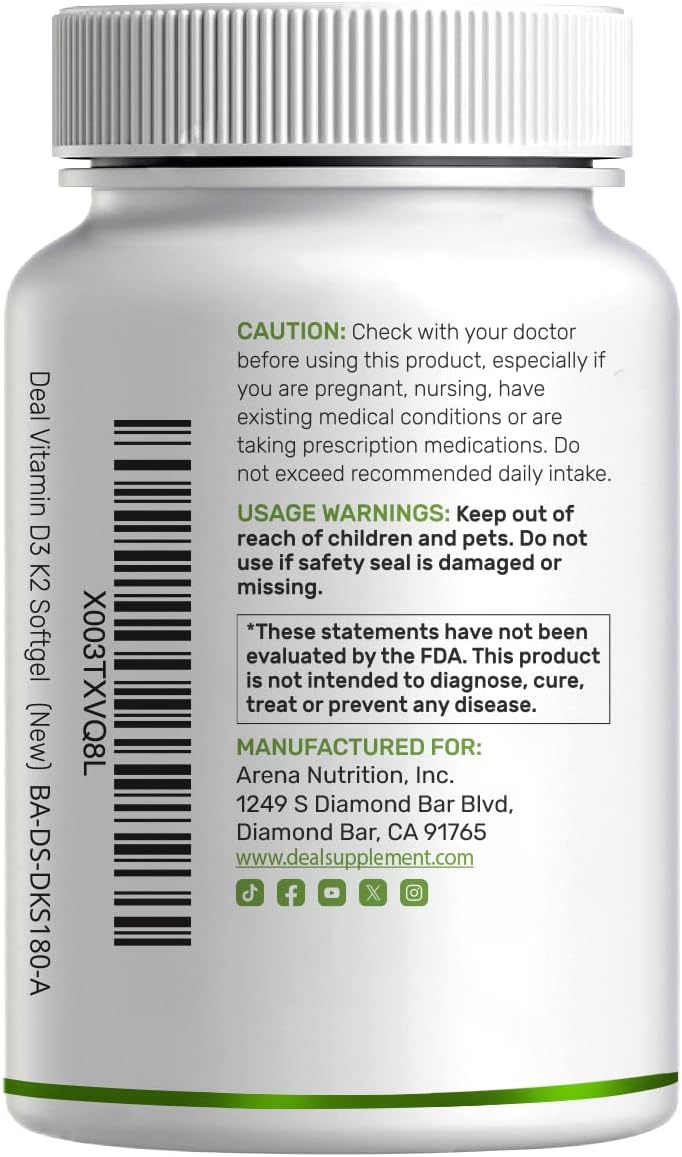 Vitamin D3 5000 IU with K2, Bone & Immune Support Softgels