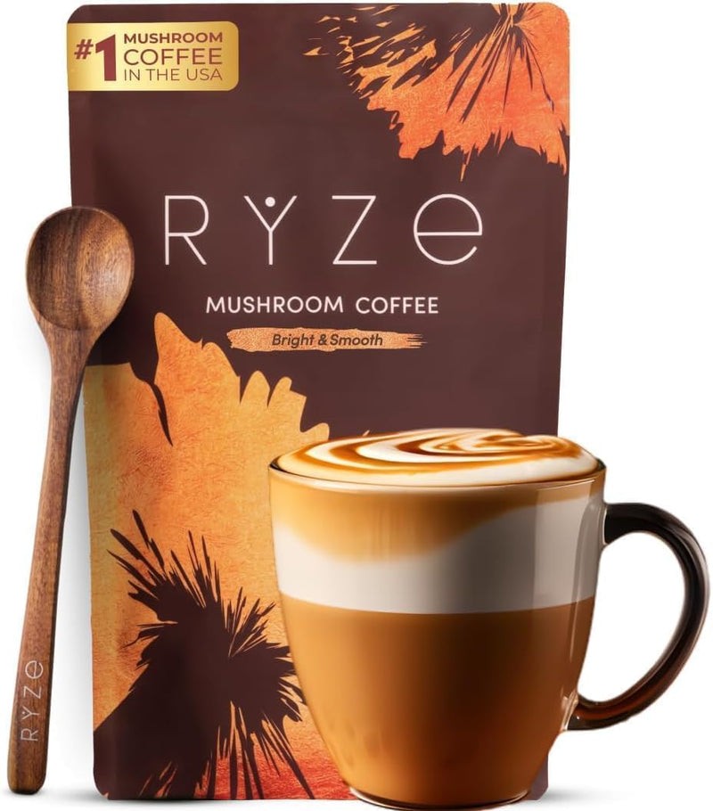 Bag of organic mushroom coffee with six adaptogenic mushrooms for energy and focus