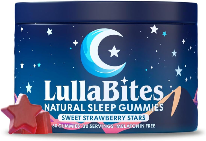 Bottle of melatonin-free sleep gummies with 5-HTP and valerian, strawberry flavor, 60 count