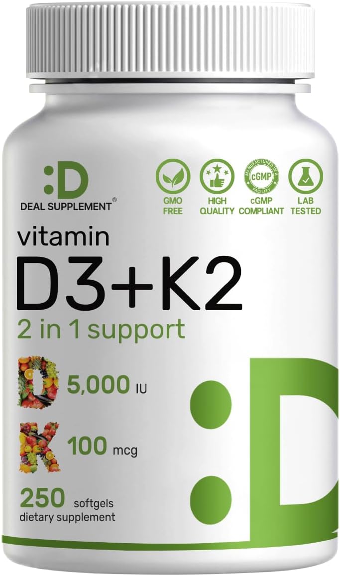 Bottle of vitamin D3 5000 IU with K2 softgels for bone and immune support