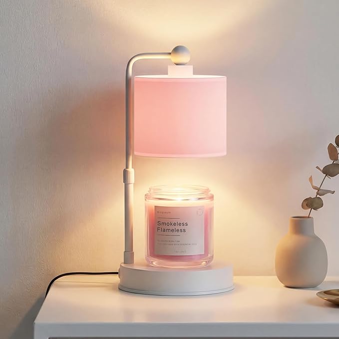 Adjustable Height Candle Warmer Lamp with Timer | Dimmable, Rustic Linen Shade, Metal Base