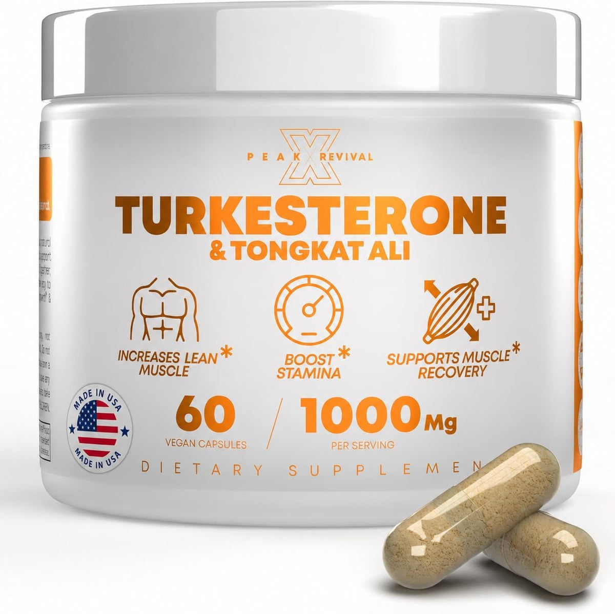 Bottle of turkesterone and tongkat ali supplement for muscle and stamina, 60 count