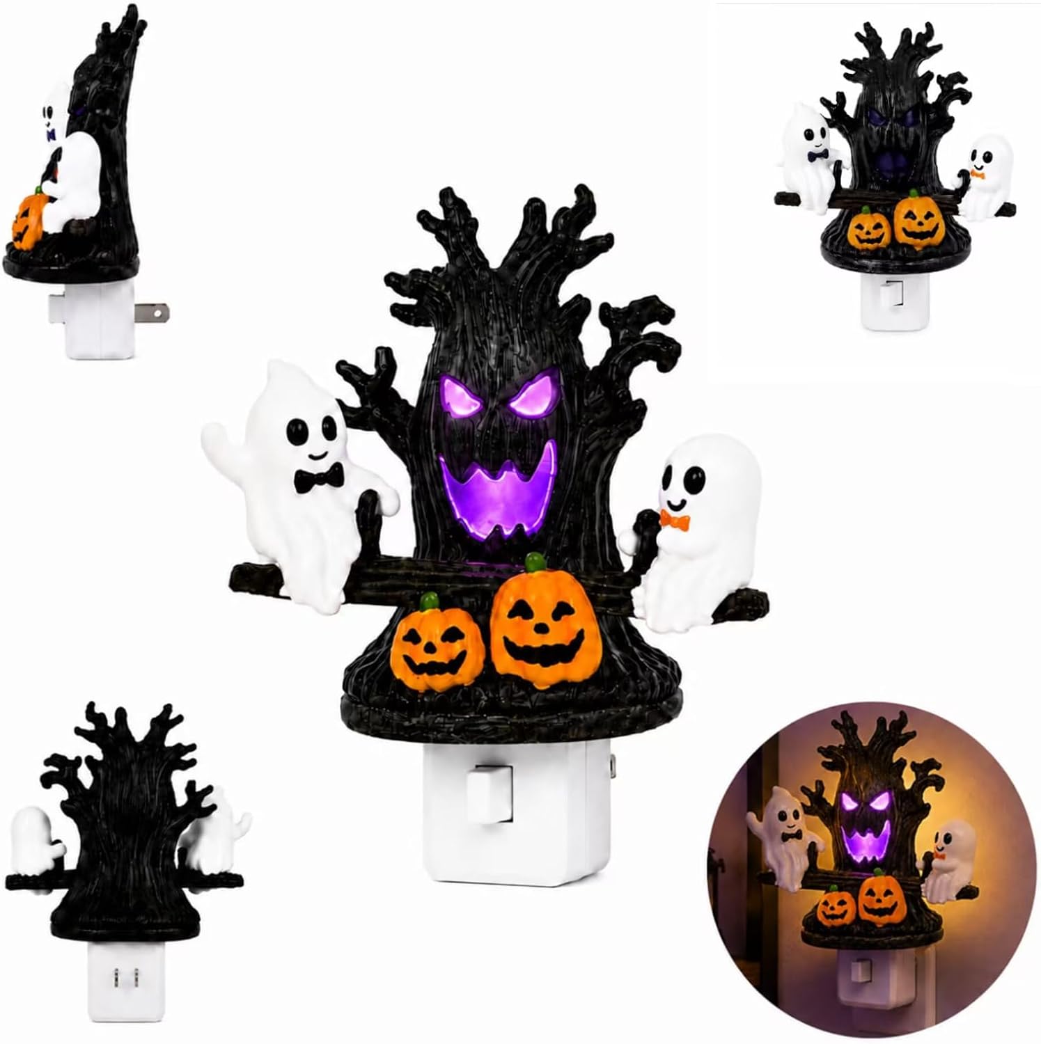 Halloween plug-in night light with animated seesaw ghosts, haunted tree and jack-o'-lantern
