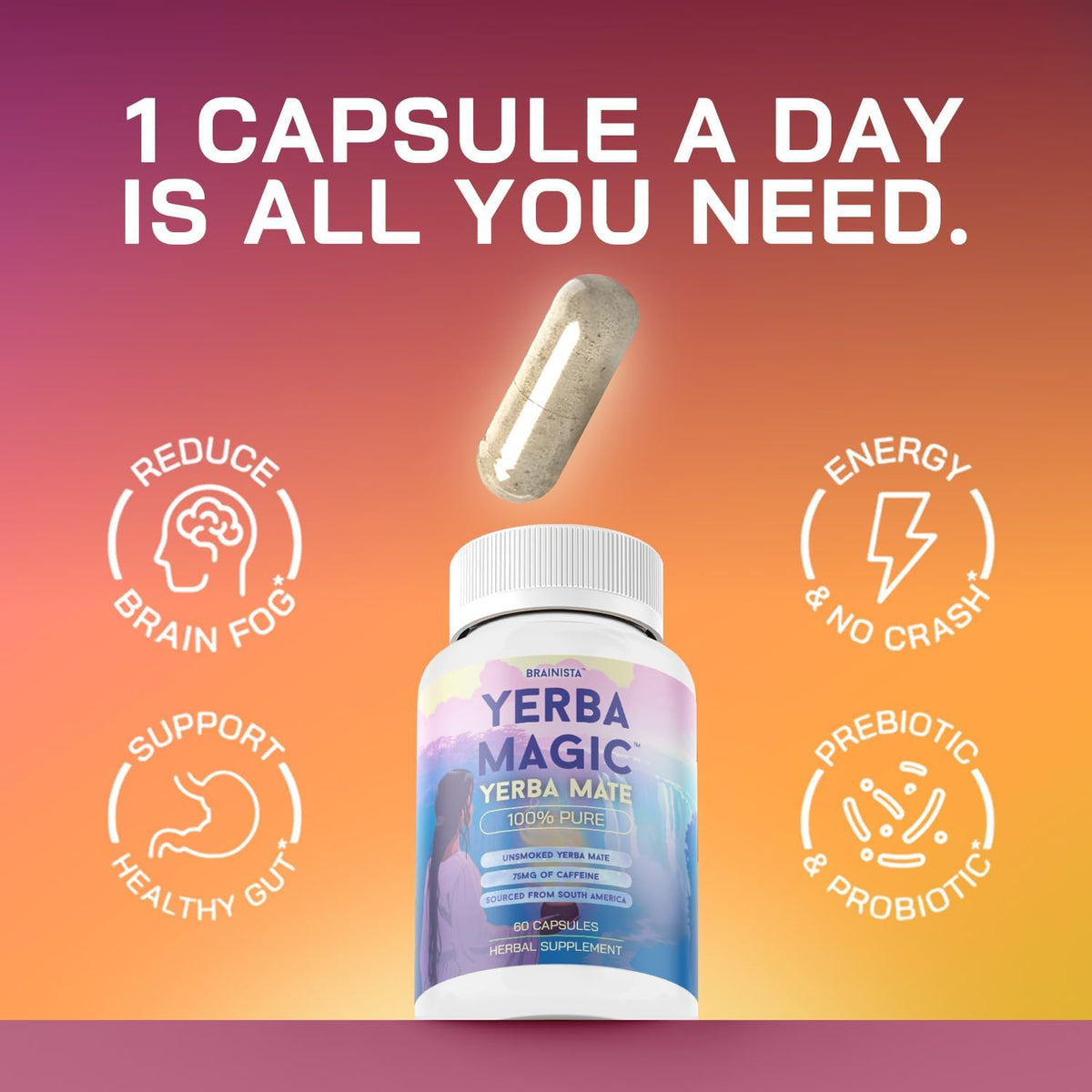 Yerba Mate Capsules 375mg, Natural Caffeine Energy & Focus, 60ct