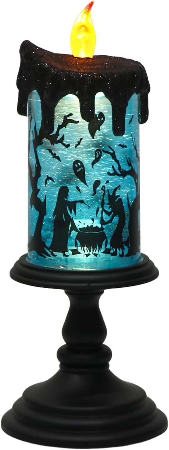 Halloween witch snow globe flameless LED candle with swirling glitter and blue glow