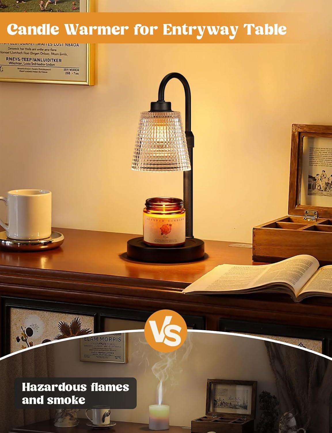 Dimmable Candle Warmer Lamp with Timer | Height Adjustable Flame-Free Wax Warmer, Matte Black