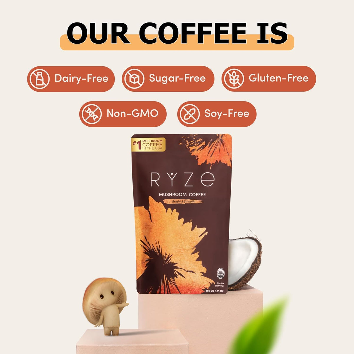 Mushroom Coffee with 6 Adaptogens, Organic Energy & Focus Blend