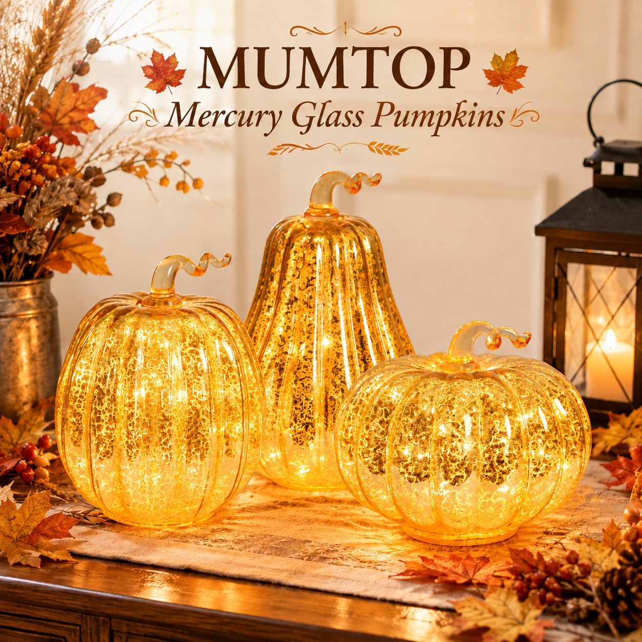 Glass Pumpkin Lights Set of 3, Timer Fall Halloween Table Lamps