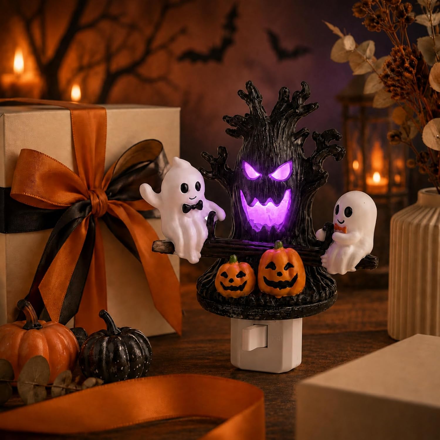 Halloween Plug-In Night Light – Animated Seesaw Ghosts with Jack-o'-Lantern