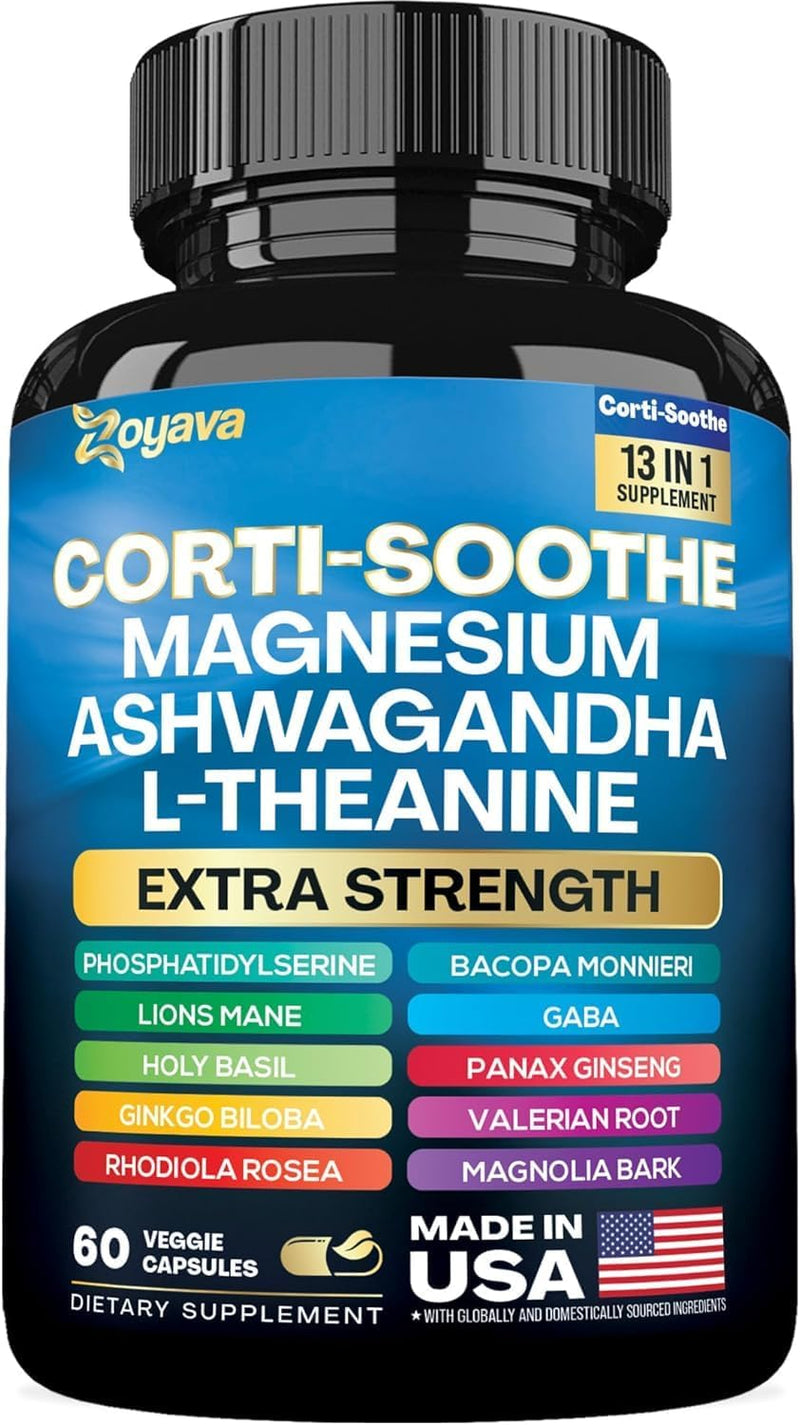Bottle of cortisol and adrenal support capsules with ashwagandha, 60 count