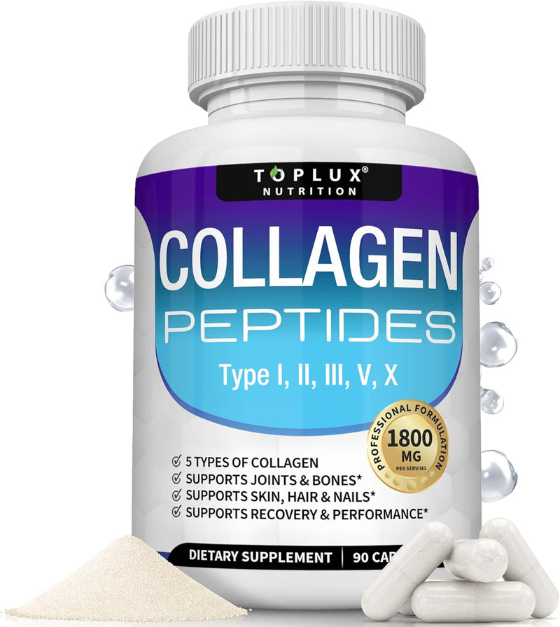 Bottle of multi collagen peptides capsules with 5 collagen types for skin and joints, 90 count