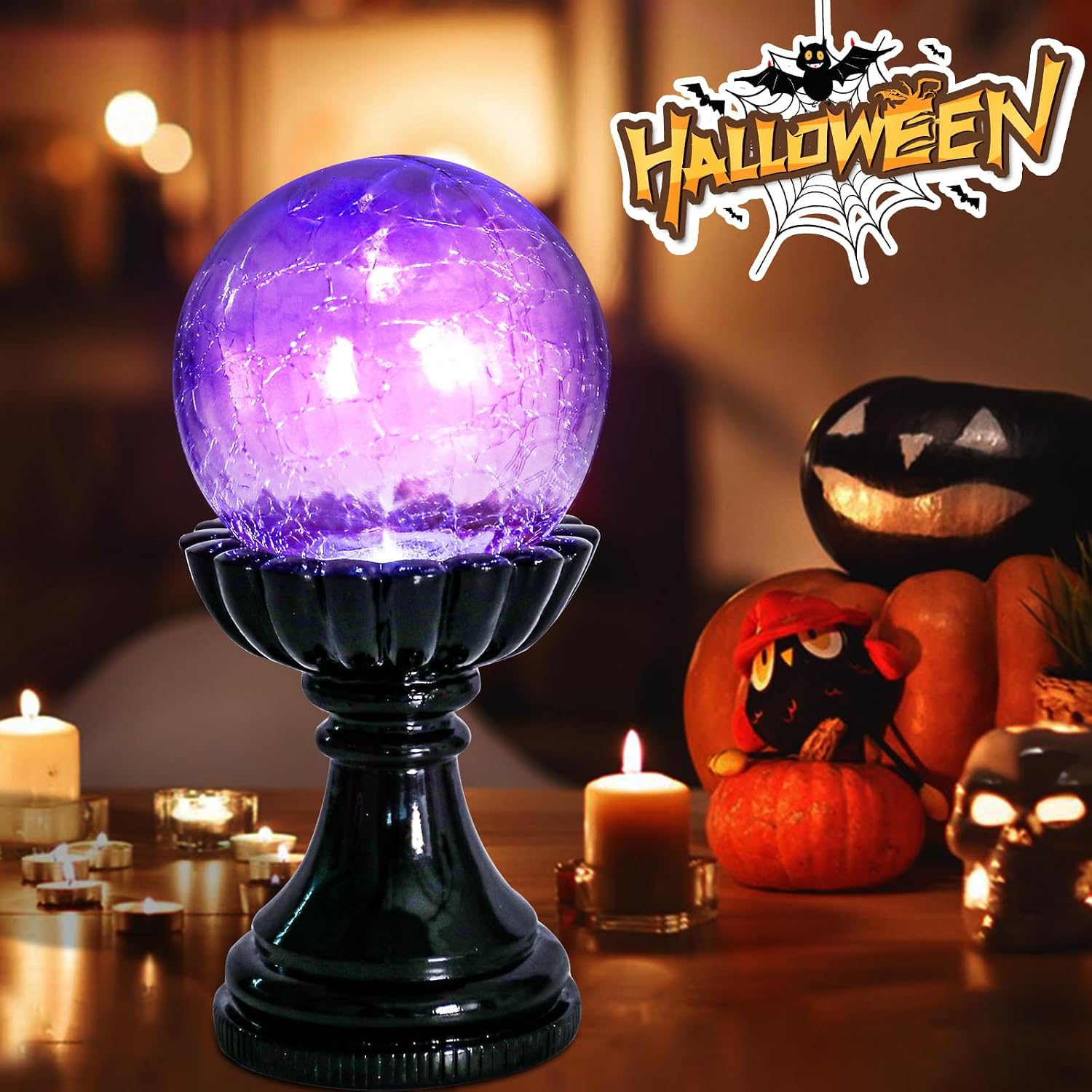 Halloween Crystal Ball Lamp, Purple LED Crackle Glass Globe