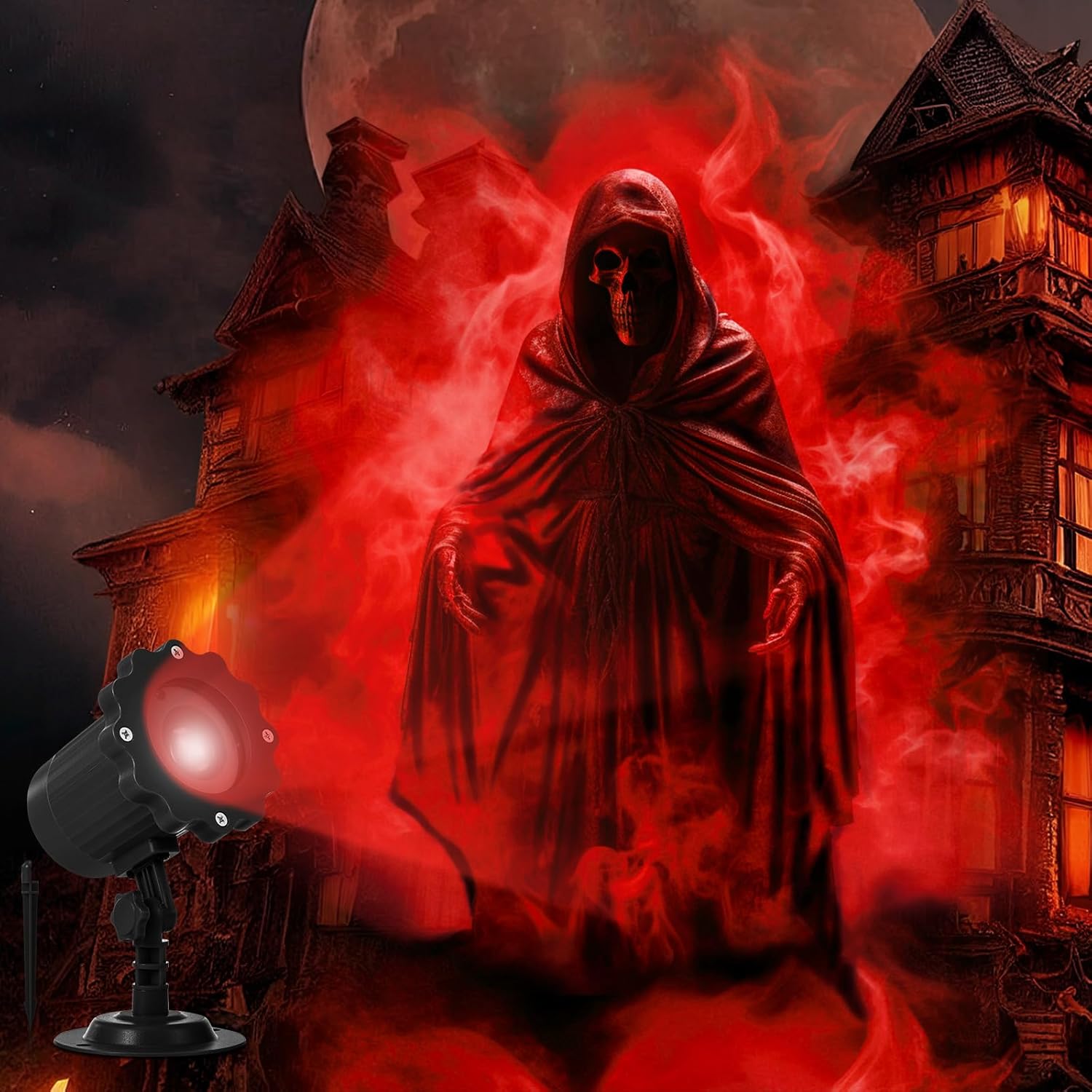 LED holiday projector light casting dynamic Halloween ghost pattern outdoors