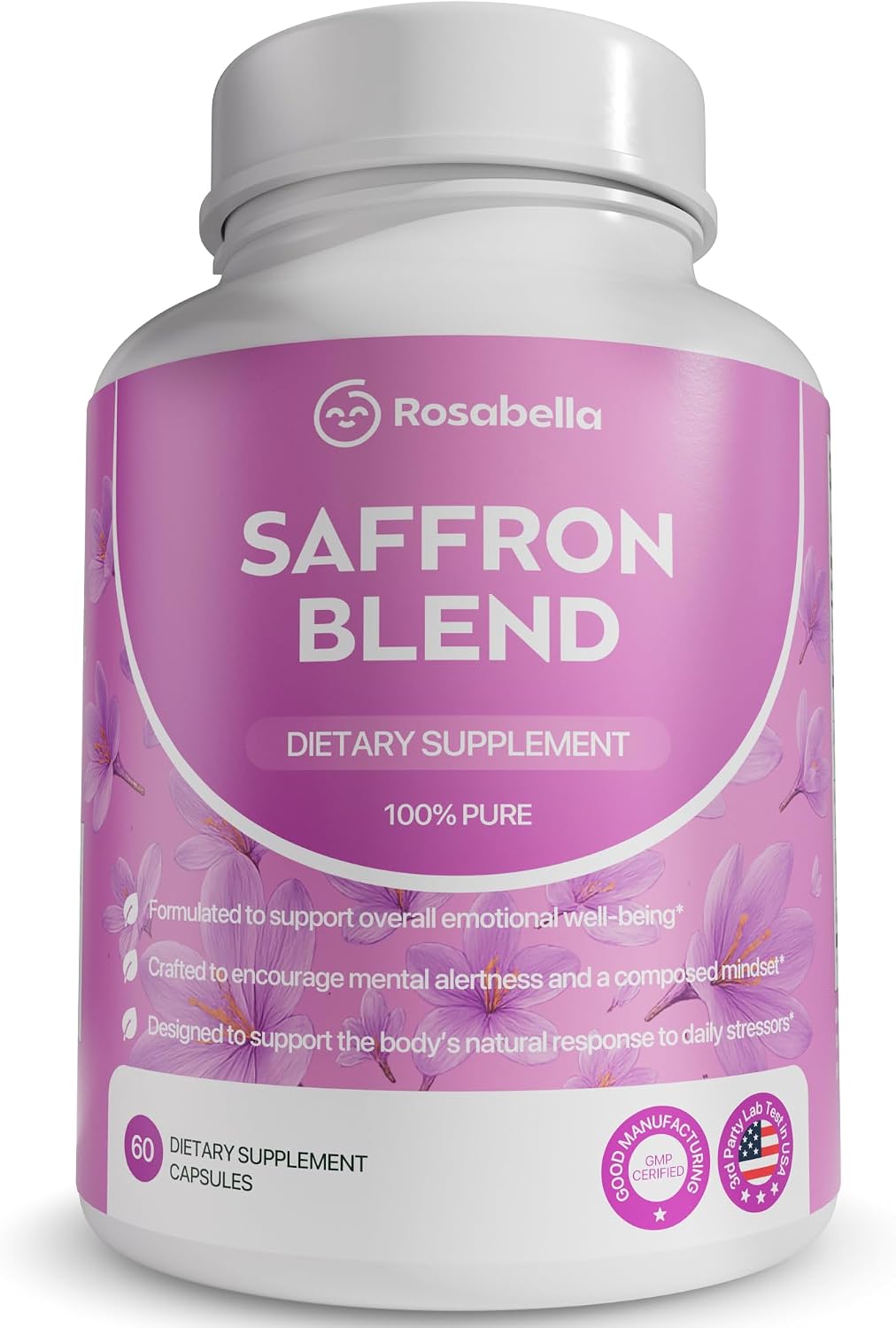 Bottle of saffron supplement with L-theanine and magnesium for mood and focus