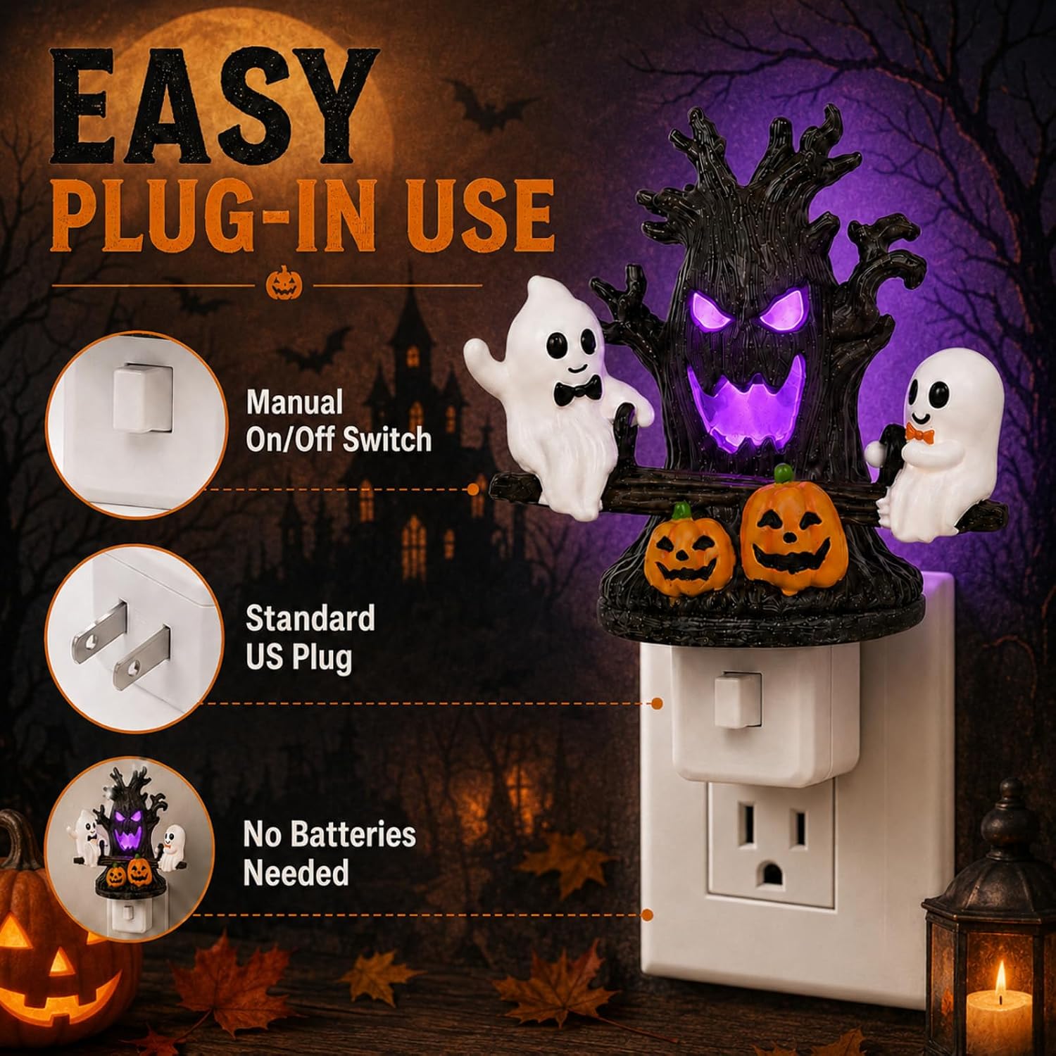 Halloween Plug-In Night Light – Animated Seesaw Ghosts with Jack-o'-Lantern
