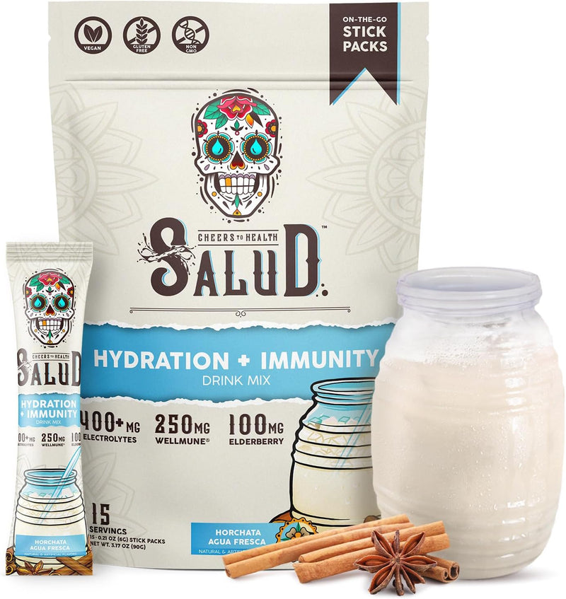 Box of hydration and immunity electrolyte drink mix stick packs, horchata flavor