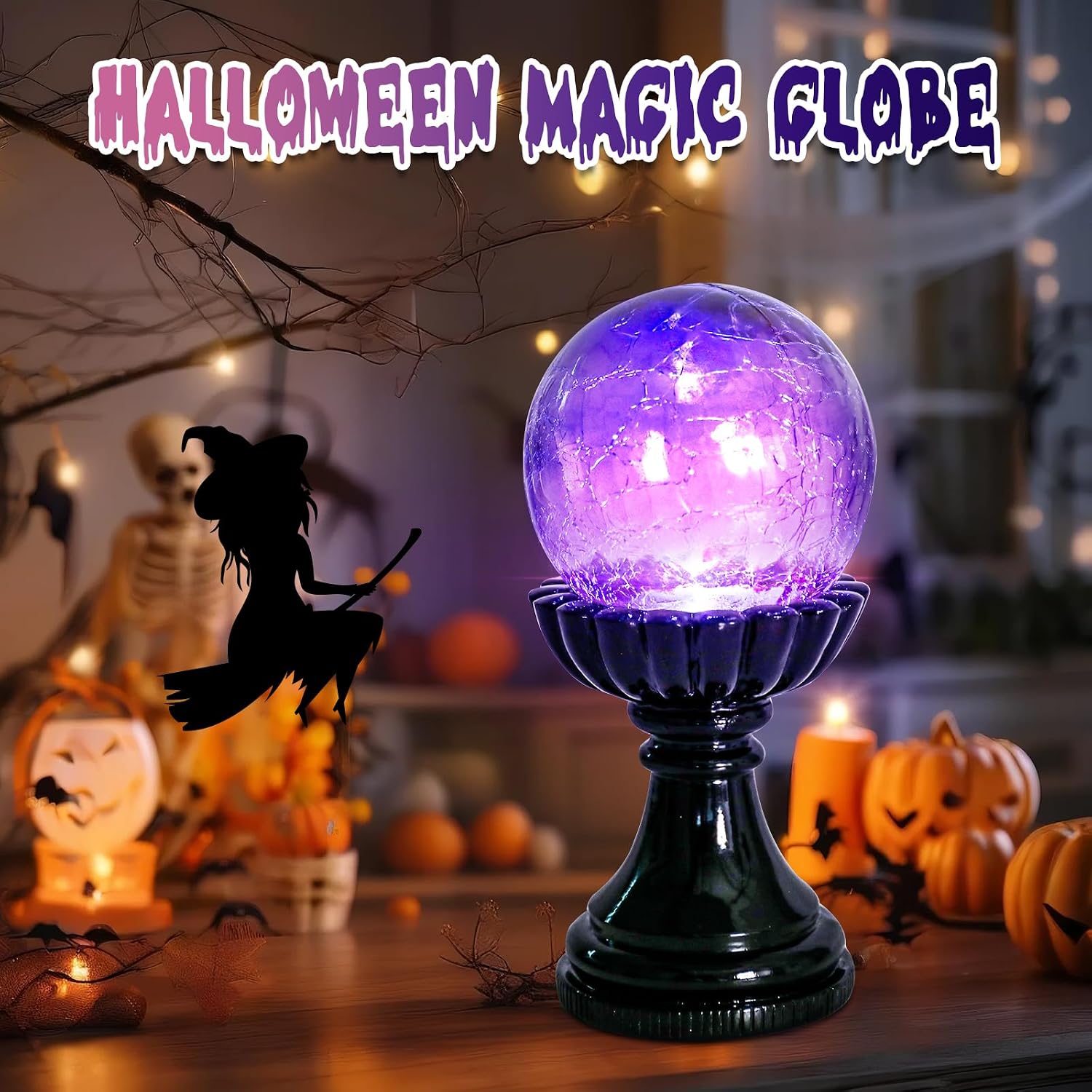 Halloween Crystal Ball Lamp, Purple LED Crackle Glass Globe