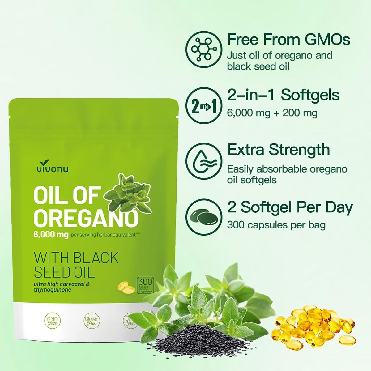 Oregano Oil Capsules with Black Seed Oil, Immune Support, 300ct