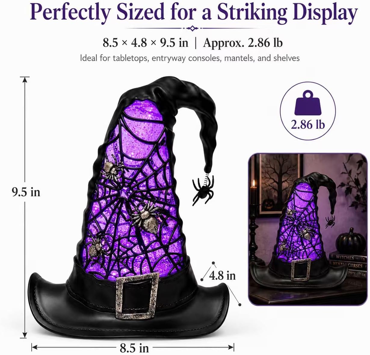 Witch Hat Halloween Centerpiece, Light Up Glitter Lamp Decor