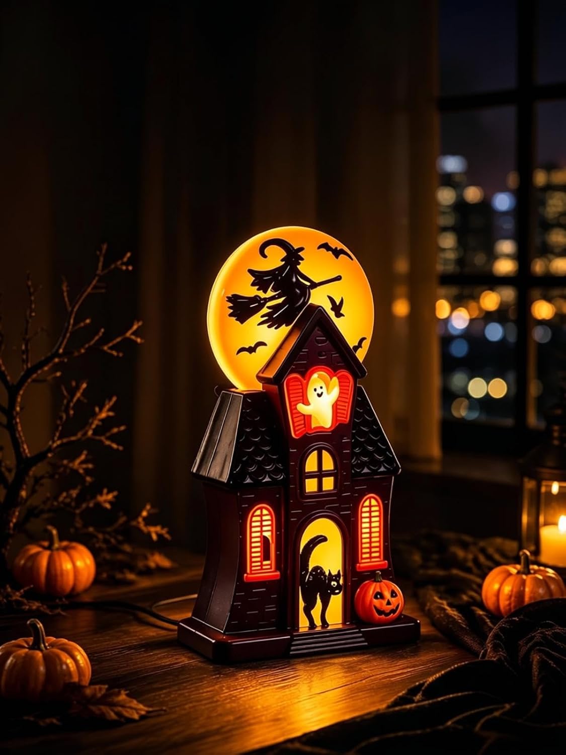 Halloween haunted house LED resin lamp with witch, ghost, black cat and pumpkin silhouettes