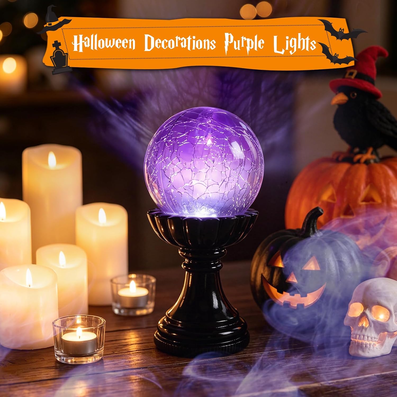 Halloween Crystal Ball Lamp, Purple LED Crackle Glass Globe