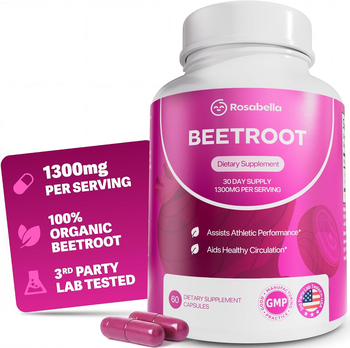Bottle of organic beet root capsules 1300mg for circulation and energy support