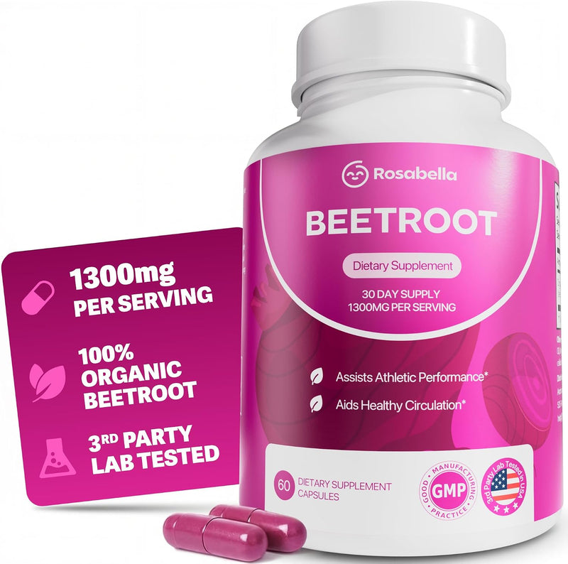 Bottle of organic beet root capsules 1300mg for circulation and energy support