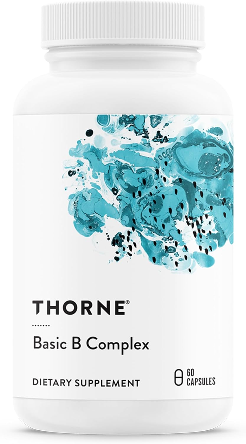 Bottle of B-complex supplement with 8 B vitamins and choline for energy support