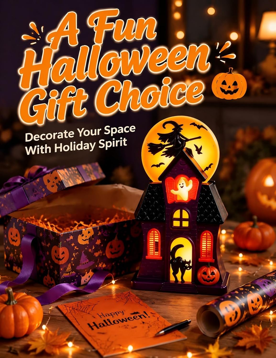 Halloween Haunted House Lamp – LED Resin Tabletop Decoration with USB