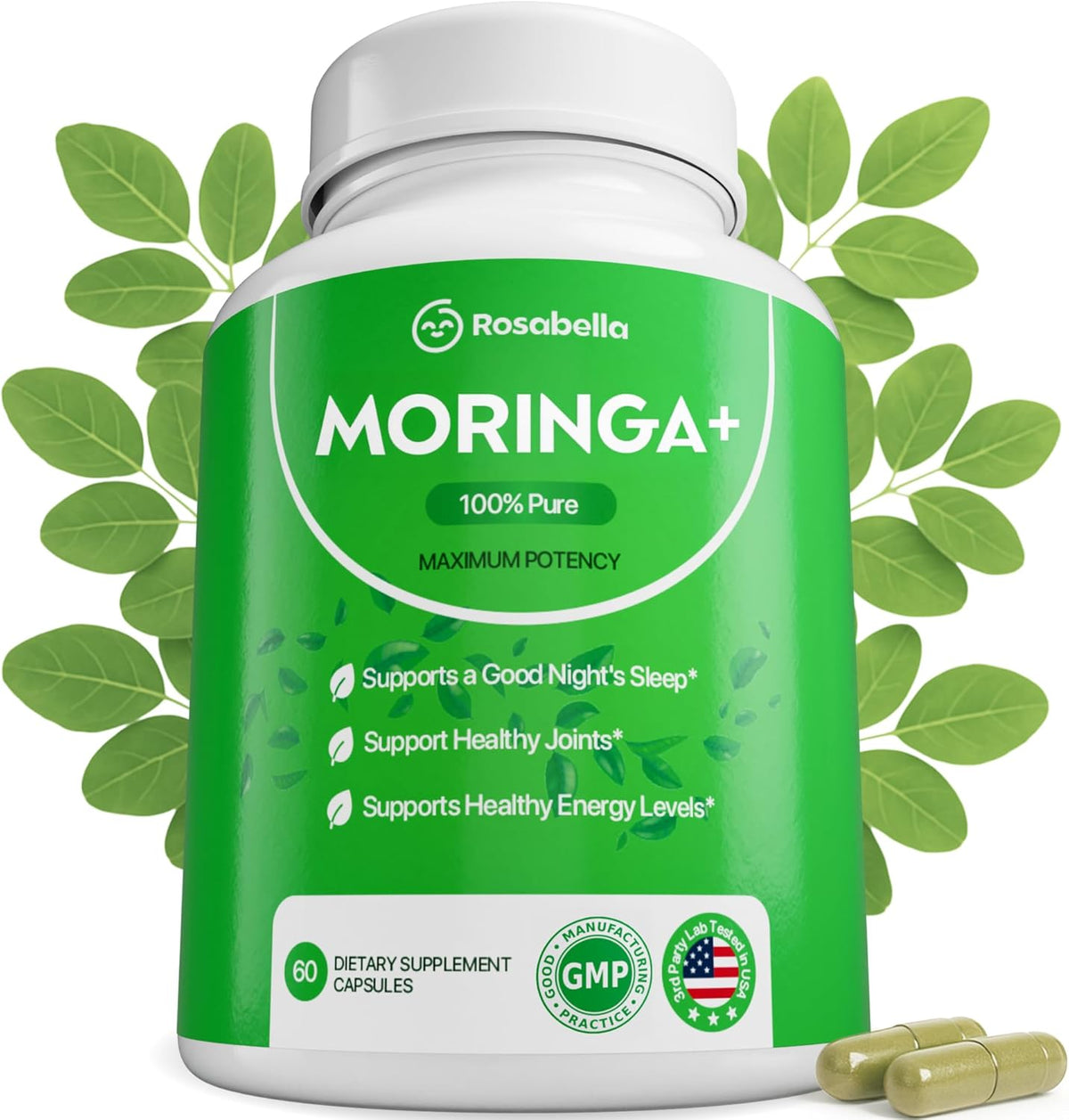 Bottle of pure moringa leaf capsules 850mg for superfood energy and wellness