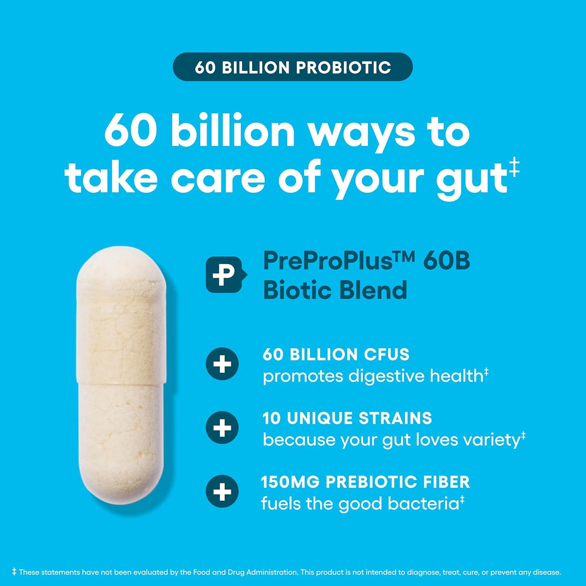 Probiotics 60 Billion CFU, Gut & Digestive Support, 30 Capsules