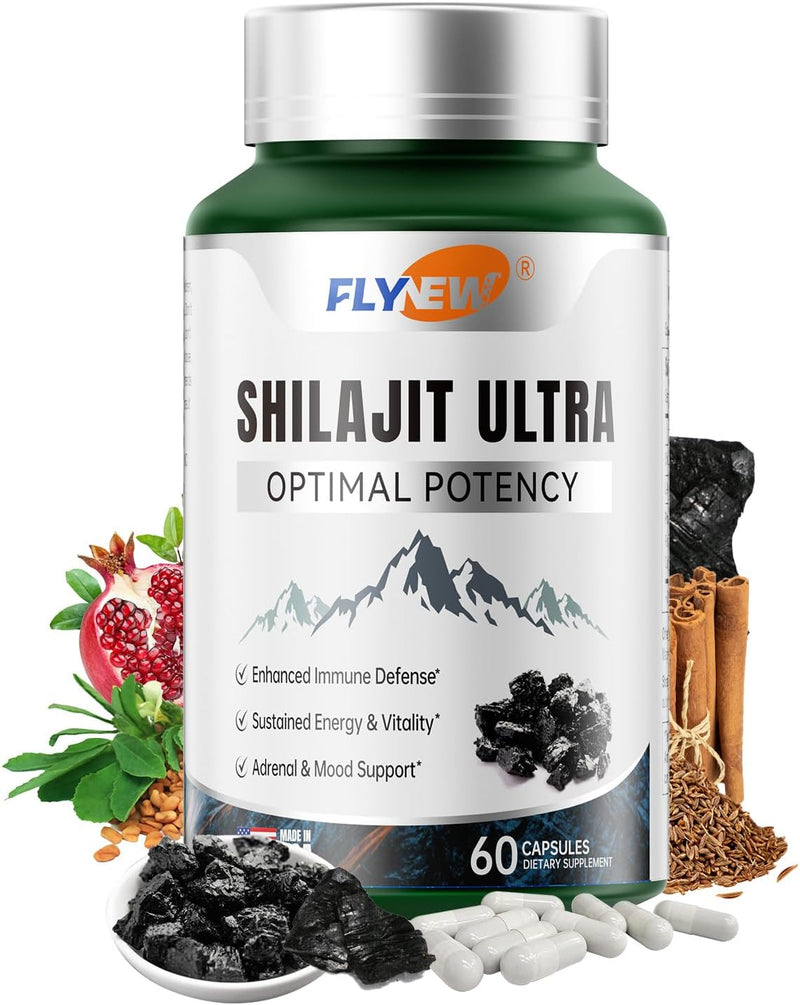 Bottle of shilajit extract capsules with L-arginine for energy and vitality, 60 count