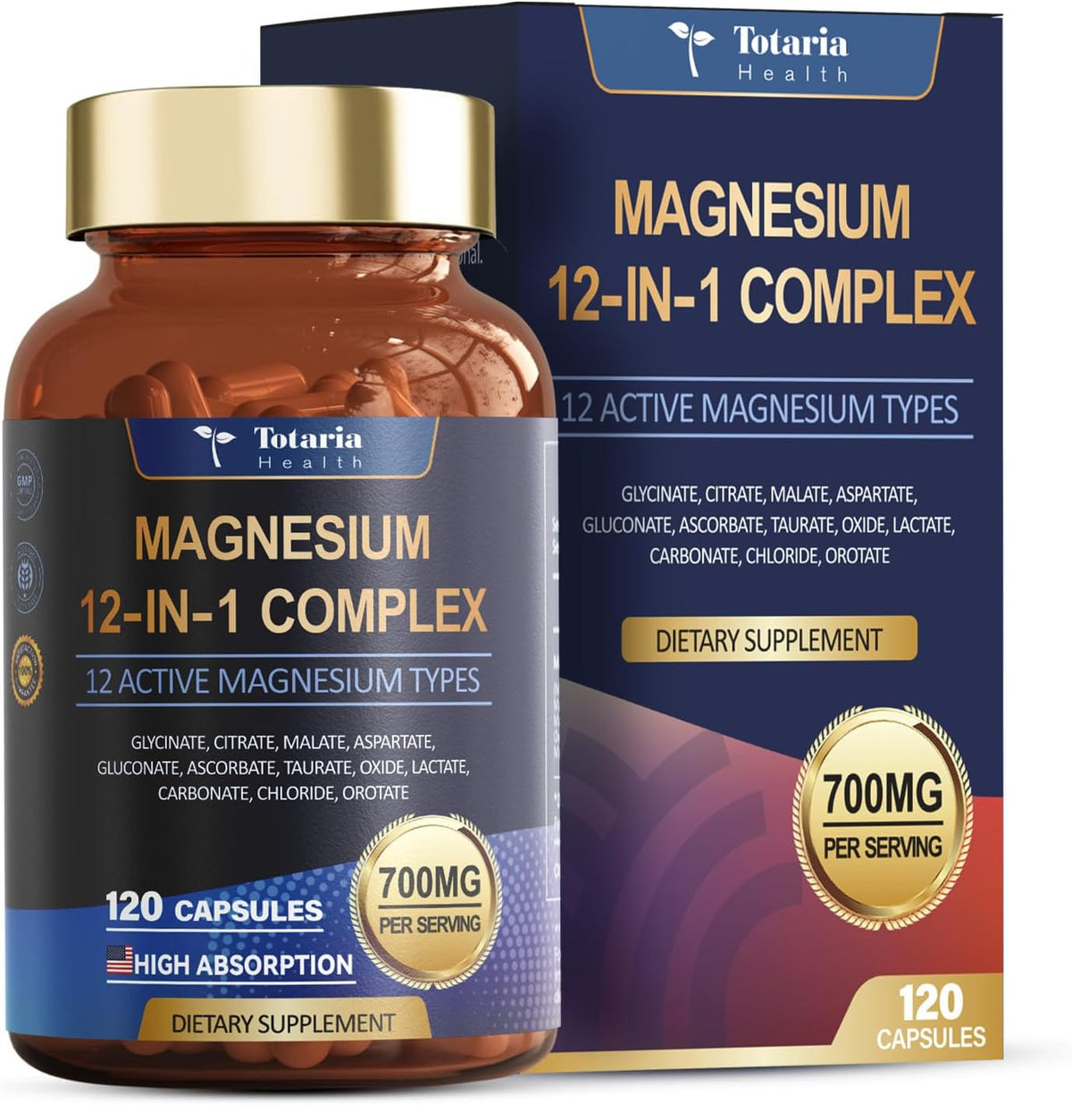 Bottle of 12-in-1 magnesium complex capsules for bone and muscle support, 120 count