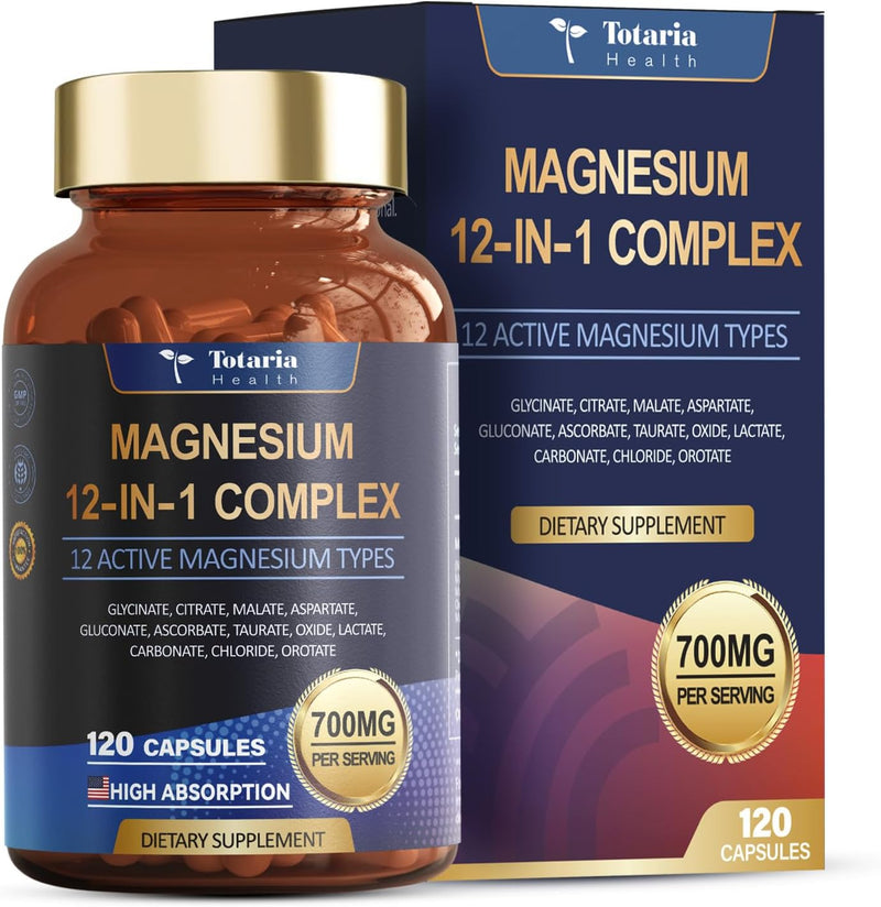 Bottle of 12-in-1 magnesium complex capsules for bone and muscle support, 120 count