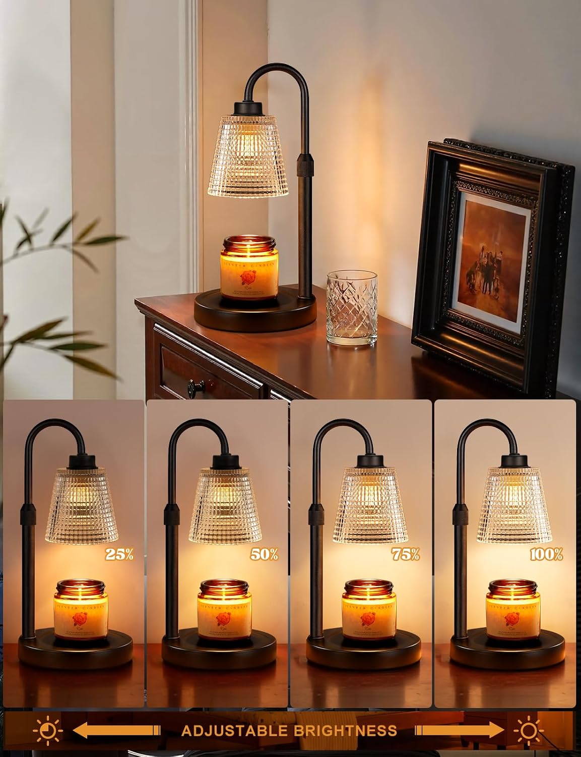 Dimmable Candle Warmer Lamp with Timer | Height Adjustable Flame-Free Wax Warmer, Matte Black