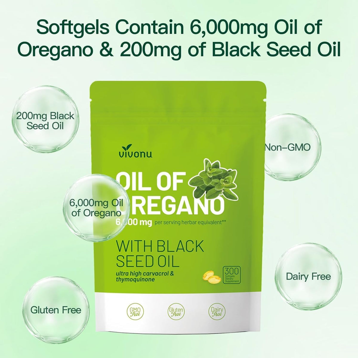 Oregano Oil Capsules with Black Seed Oil, Immune Support, 300ct