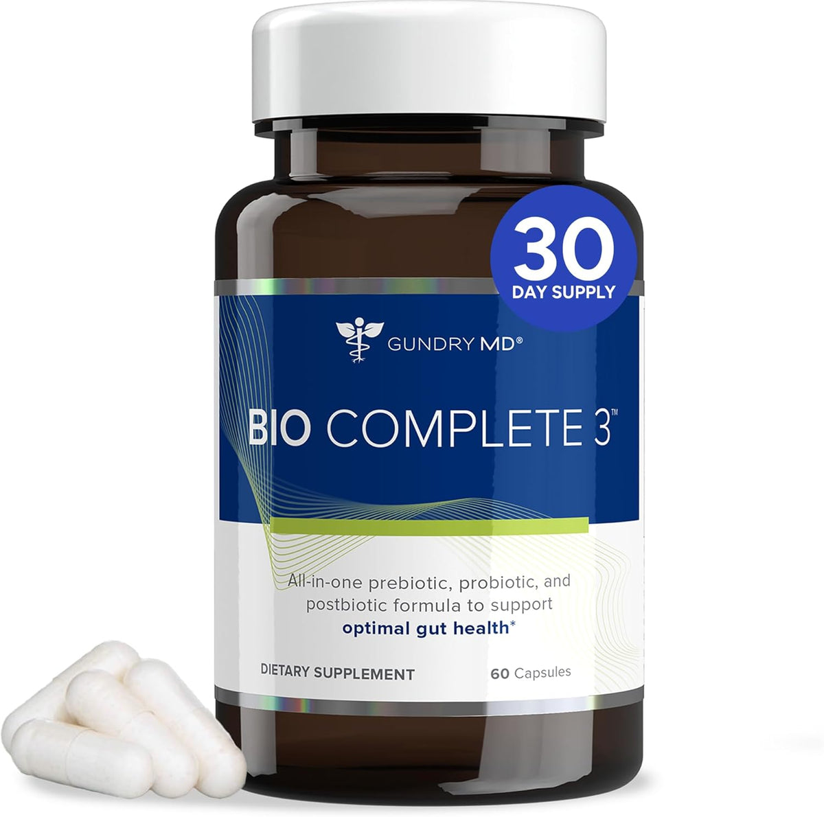 Bottle of 3-in-1 probiotic prebiotic postbiotic gut health supplement, 60 count