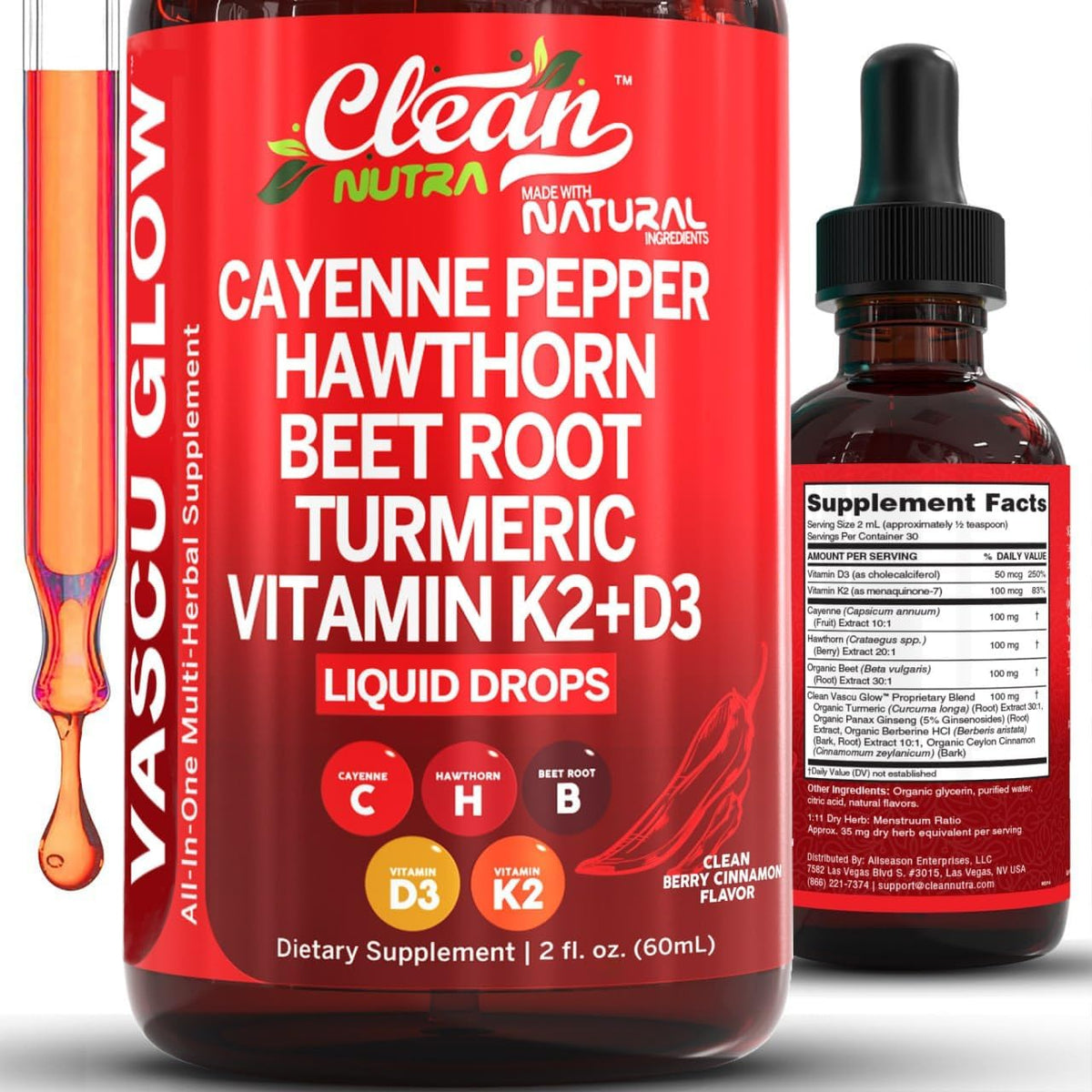 Bottle of cayenne and hawthorn berry liquid wellness drops with dropper