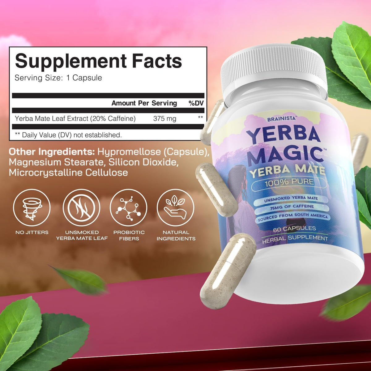 Yerba Mate Capsules 375mg, Natural Caffeine Energy & Focus, 60ct