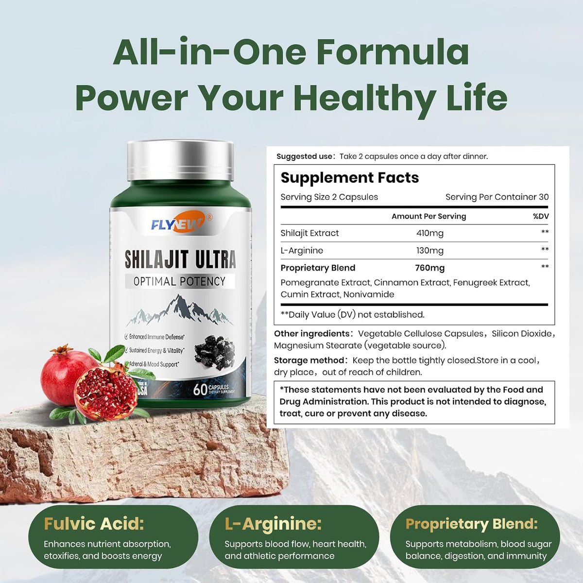 Shilajit Extract Capsules with L-Arginine, Energy & Vitality, 60ct