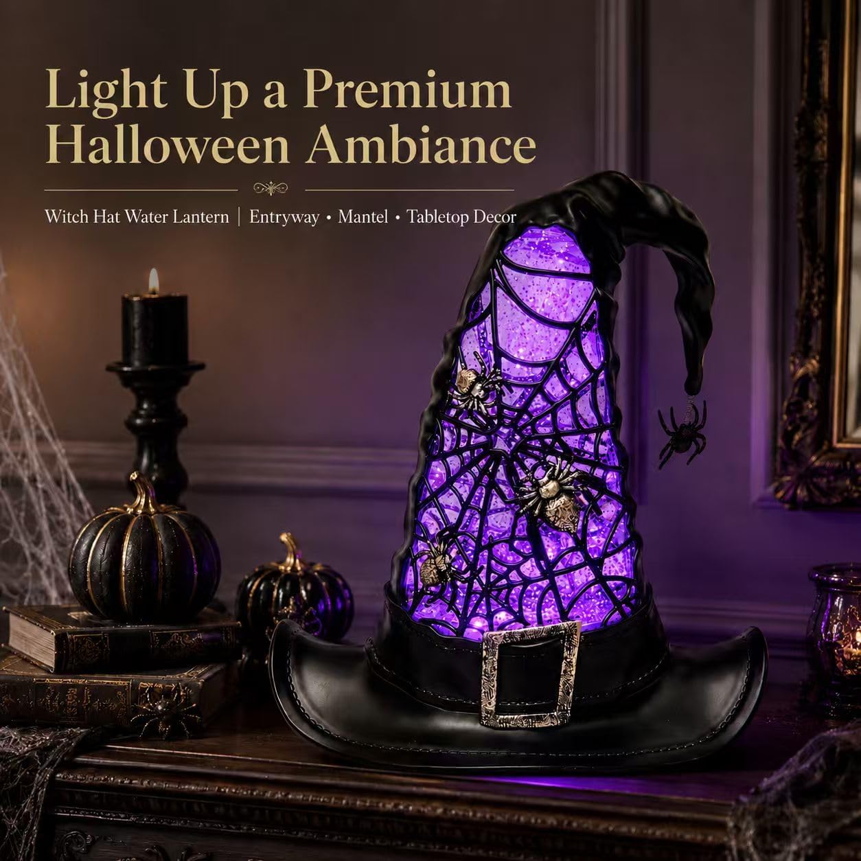 Witch Hat Halloween Centerpiece, Light Up Glitter Lamp Decor