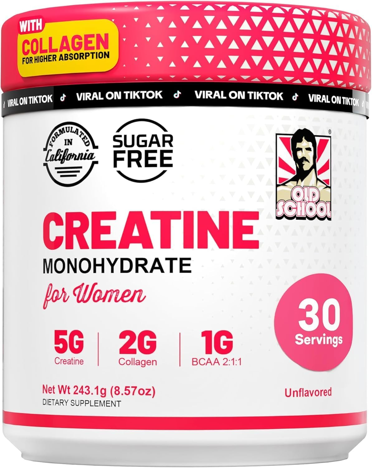 Container of creatine monohydrate for women with BCAA and collagen, unflavored powder