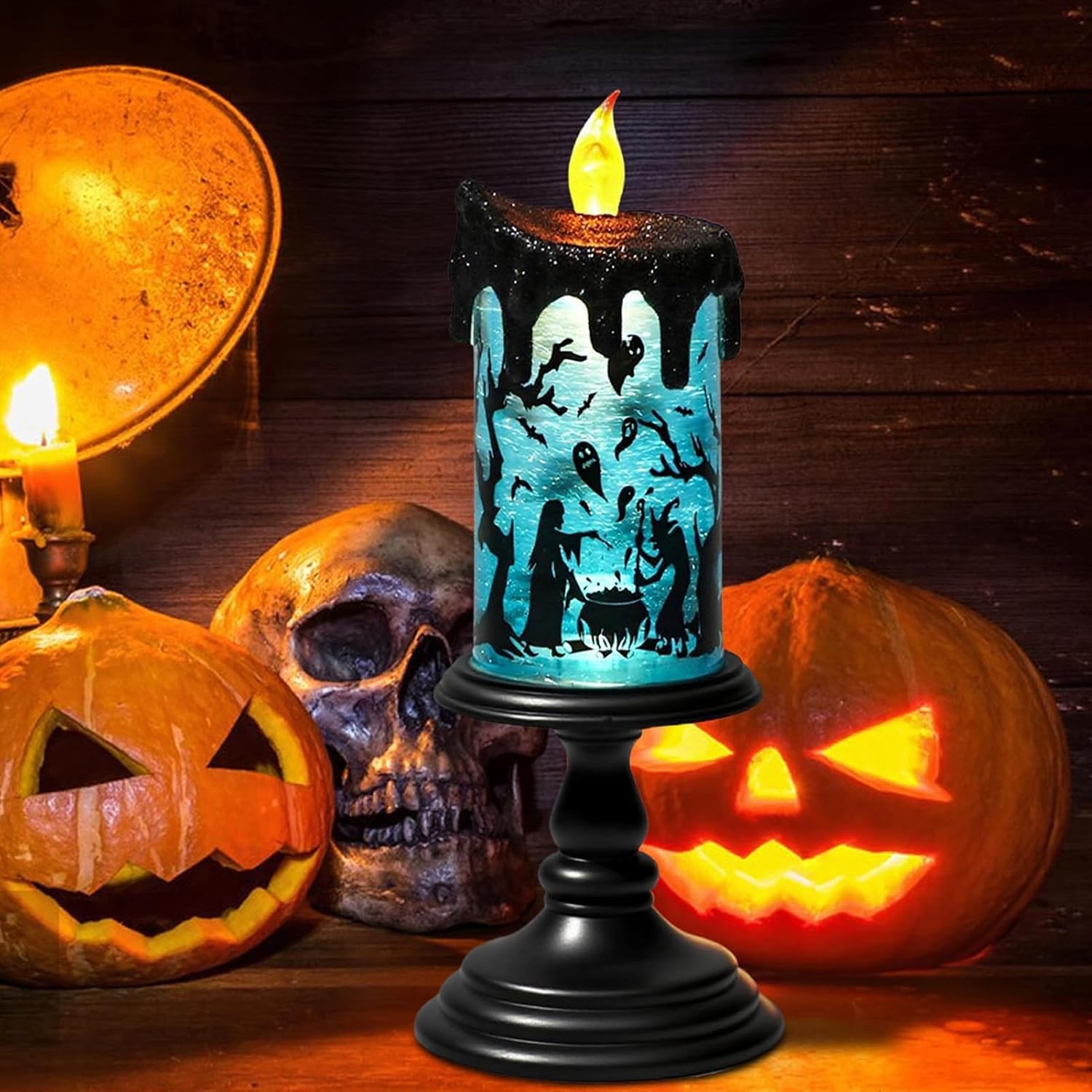 Halloween Snow Globe Candle – Witch LED Flameless Candle with Timer & Glitter