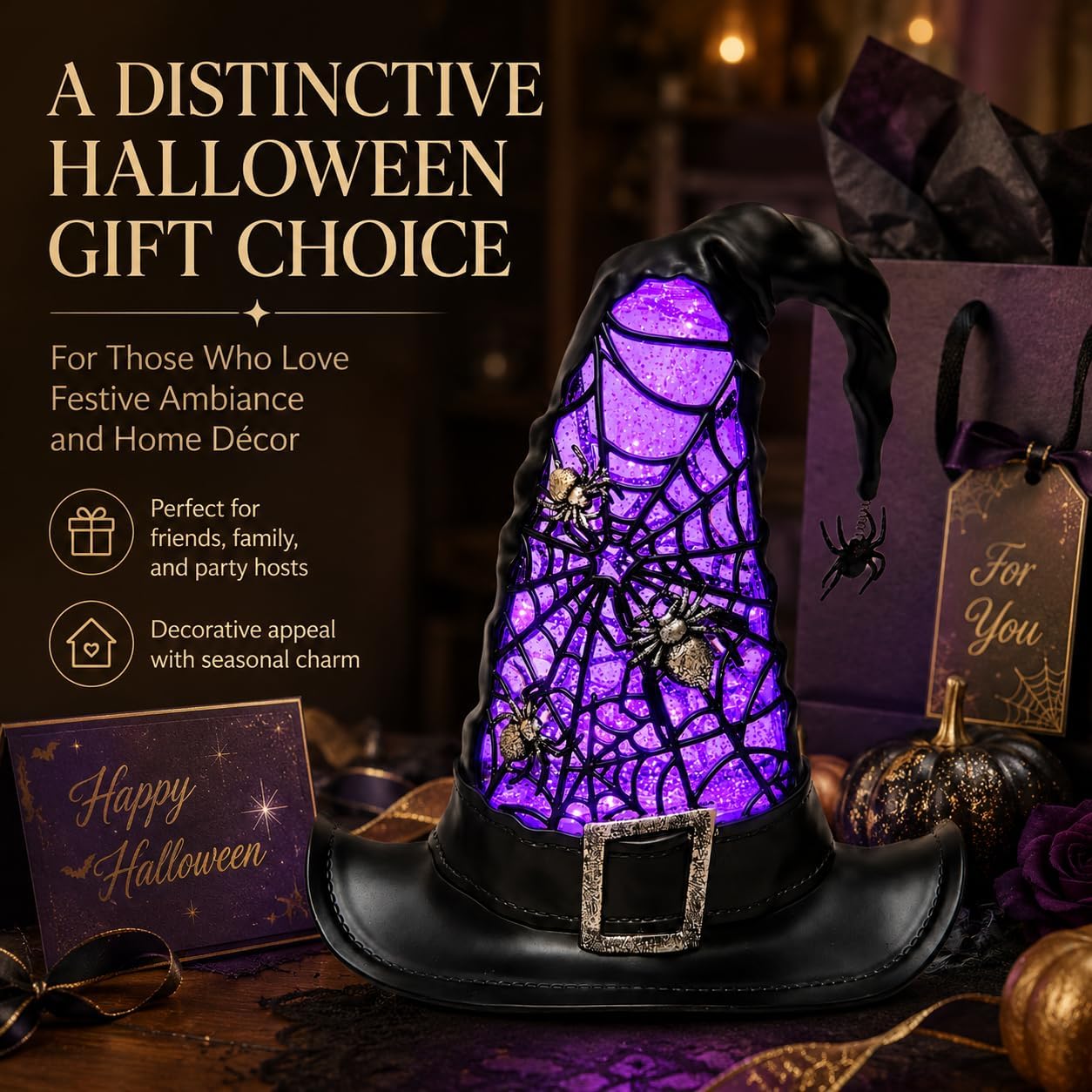 Witch Hat Halloween Centerpiece, Light Up Glitter Lamp Decor