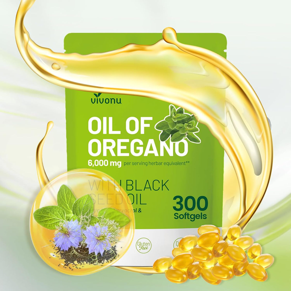 Bag of oregano oil softgels with black seed oil for immune support, 300 count