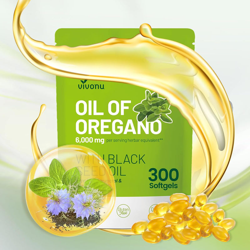 Bag of oregano oil softgels with black seed oil for immune support, 300 count